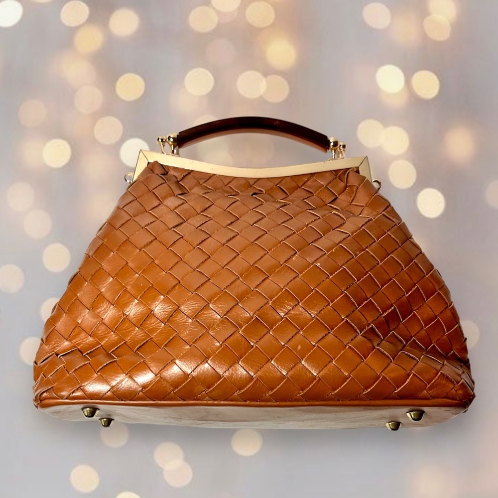 Valentina Italian Woven Leather Top-Handle Bag in Tan